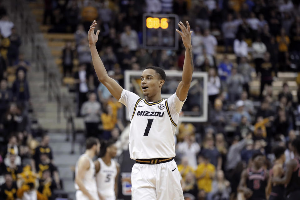 Missouri's Xavier Pinson celebrates after a Georgia turnover late in the second half of an NCAA college basketball game Tuesday, Jan. 28, 2020, in Columbia, Mo. Missouri won 72-69. (AP Photo/Jeff Roberson)