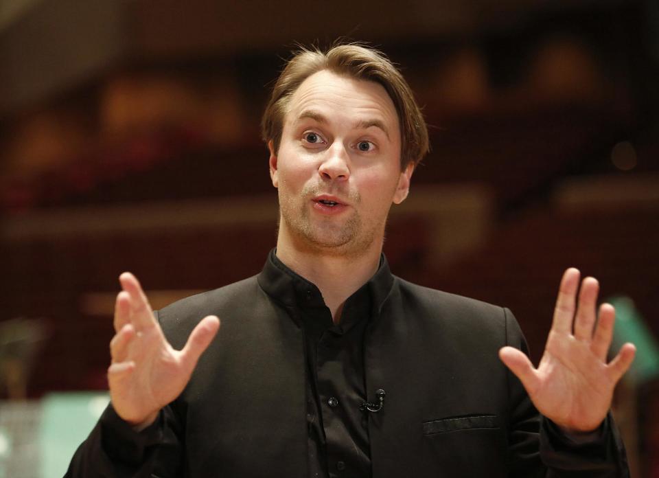 In this Jan. 20, 2017 photo, Finnish conductor Pietari Inkinen speaks during an interview at Suntory Hall in Tokyo. Inkinen said the hall was so close to perfect any kind of piece could be played, inspiring the performers because listeners can feel the symphony “in their stomachs.” “This is really one of the best halls in the world,” he said. “You can play unbelievably softly and it carries to the last row.” (AP Photo/Koji Ueda)