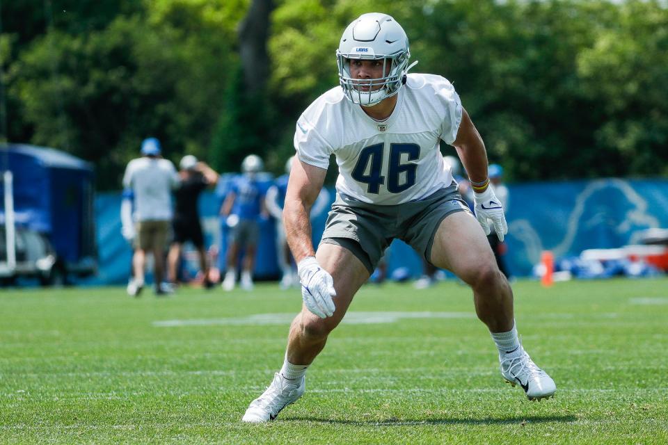 Lions linebacker Jack Campbell practices during minicamp at in Allen Park on Wednesday, June 7, 2023.