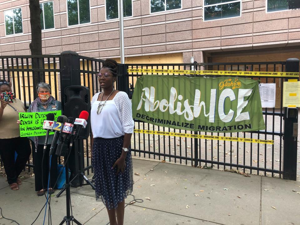 Dawn Wooten, a nurse at Irwin County Detention Center in Ocilla, Georgia, speaks at a Tuesday, Sept. 15, 2020, news conference in Atlanta protesting conditions at the immigration jail. Wooten says authorities denied COVID-19 tests to immigrants, performed questionable hysterectomies and shredded records in a complaint filed to the inspector general of the U.S. Department of Homeland Security.