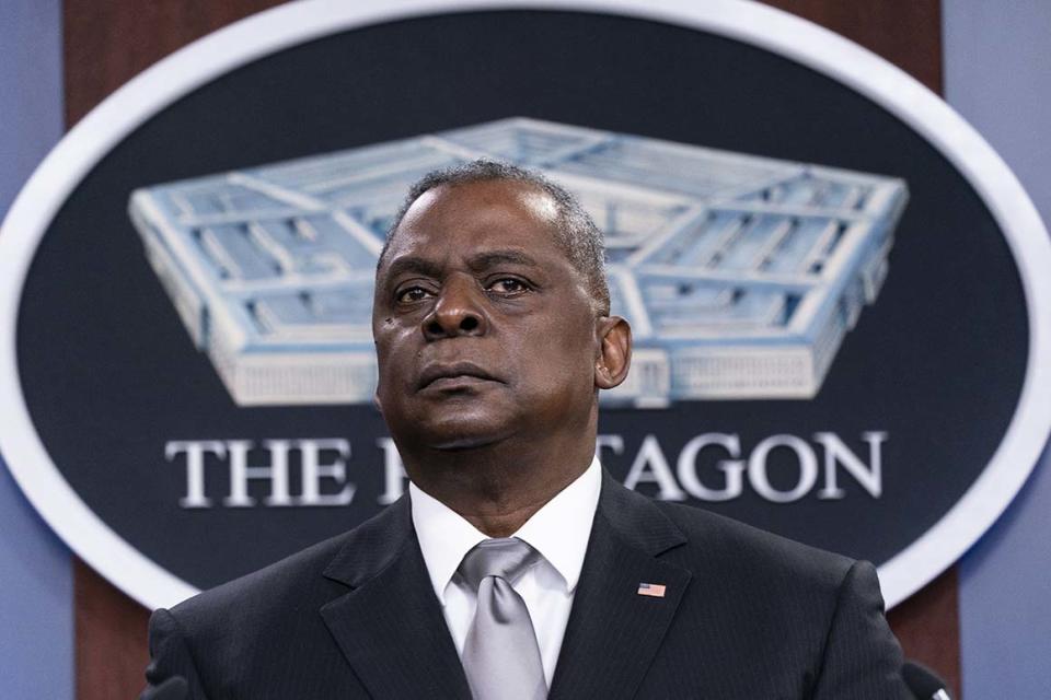 Secretary of Defense Lloyd Austin listens to a question as he speaks during a media briefing at the Pentagon in Washington, in this Friday, Feb. 19, 2021, file photo. U.S. Defense Secretary Lloyd Austin met Sunday, April 11, 2021, in Tel Aviv with his Israeli counterpart and reinforced American support. (AP Photo/Alex Brandon, File)