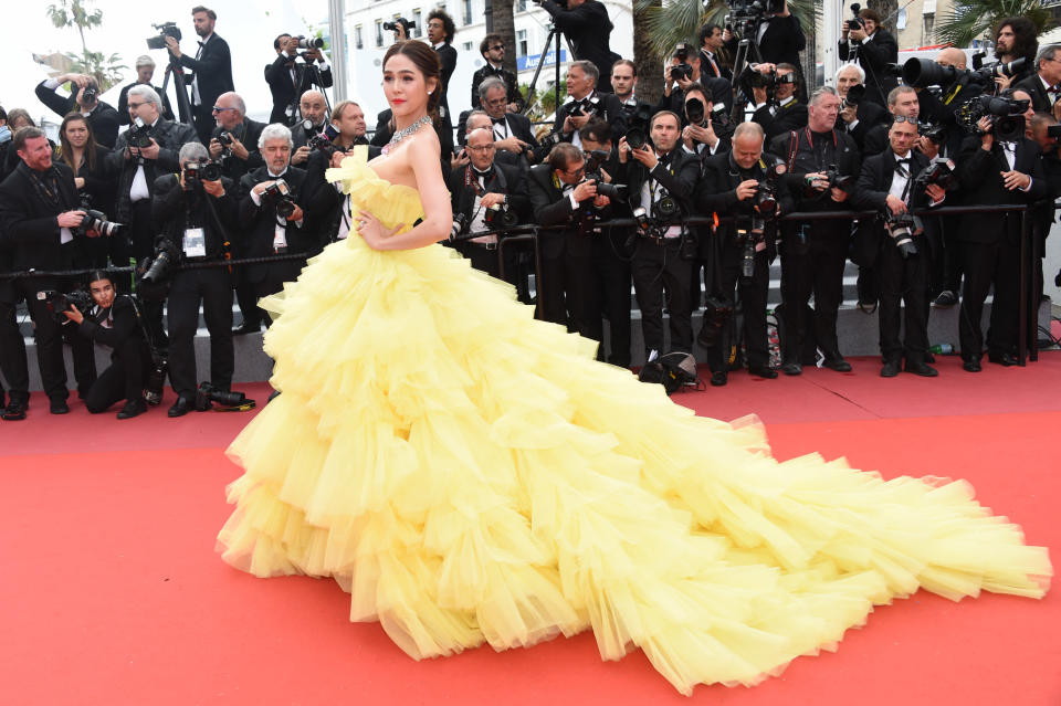In Giambattista Valli couture for the&nbsp;"Sink Or Swim (Le Grand Bain)" photo call on May 13.