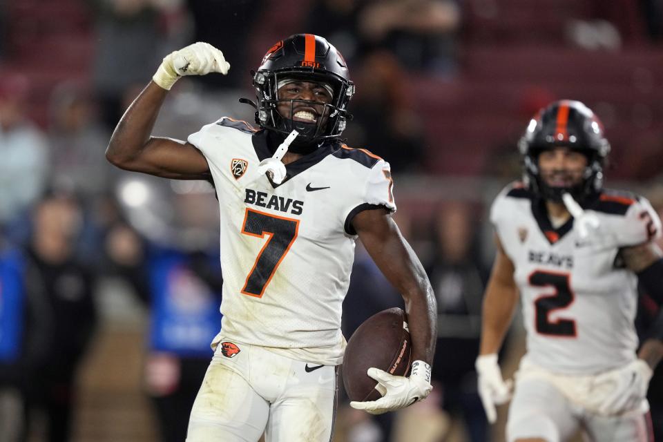 Oregon State receiver Silas Bolden celebrates a fourth-quarter touchdown against Stanford during their 2022 matchup. The speedy slot receiver announced his transfer to Texas on Tuesday.