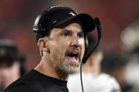 New Orleans Saints defensive coordinator Dennis Allen yells at an official during the second half of an NFL football game against the Tampa Bay Buccaneers Sunday, Dec. 19, 2021, in Tampa, Fla. Allen is filling in for Sean Payton who test positive for Covid-19. (AP Photo/Jason Behnken)