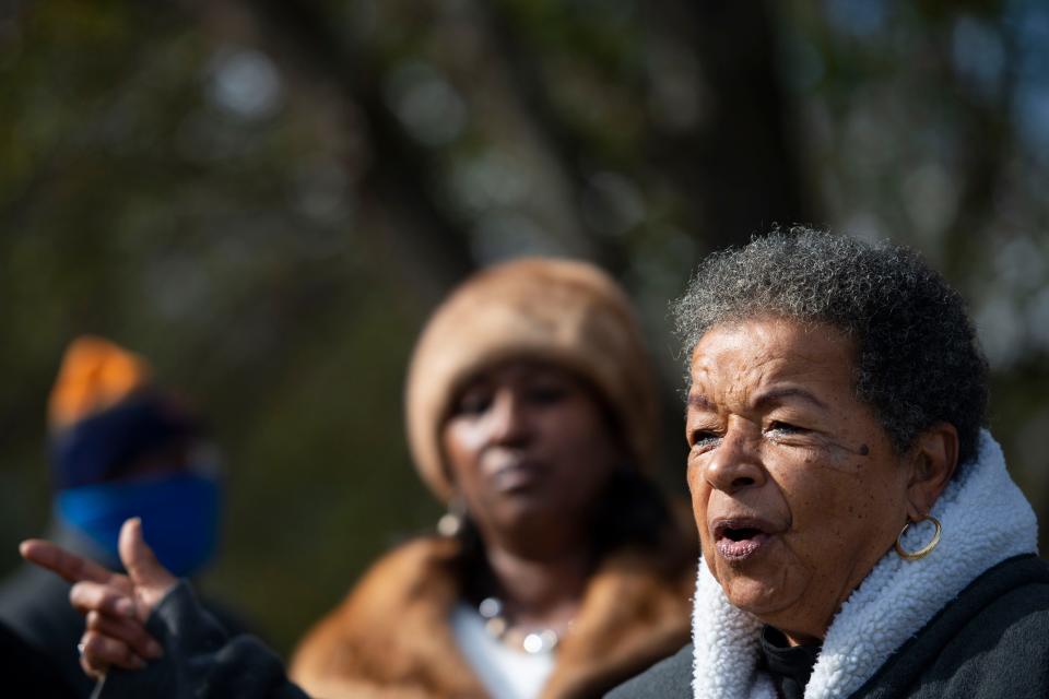 Charity Jones, 80, New Washington Heights community member, speaks about the history of the neighborhood during a protest in opposition of the Greenlink bus hub that is being built on the site of the former Washington High School on Monday, Nov. 14, 2022.