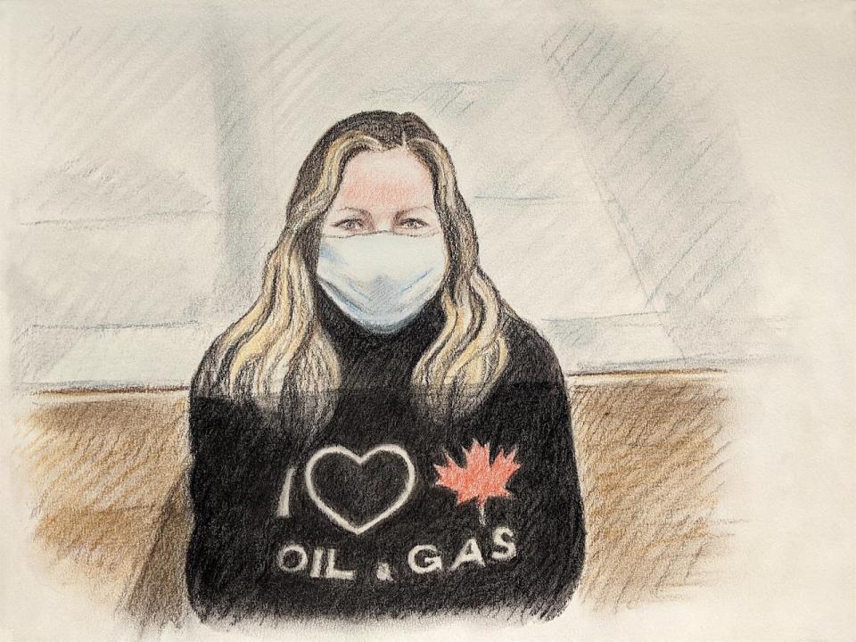 Freedom Convoy organizer Tamara Lich appears in front of a judge for her bail hearing on Feb. 19, 2022. Lich, from Medicine Hat, Alta., was charged Thursday with counselling to commit mischief in connection with the Ottawa protests.