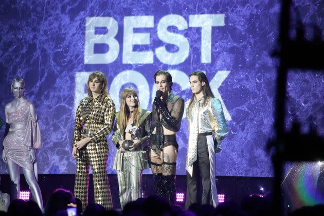 BUDAPEST, HUNGARY - NOVEMBER 14: Thomas Raggi, Victoria De Angelis, Damiano David and Ethan Torchio of Maneskin win the Best Rock Award at the MTV EMAs 2021 'Music for ALL' at the Papp Laszlo Budapest Sports Arena on November 14, 2021 in Budapest, Hungary. (Photo by Jeff Kravitz/FilmMagic) (Photo: Jeff Kravitz via Getty Images)