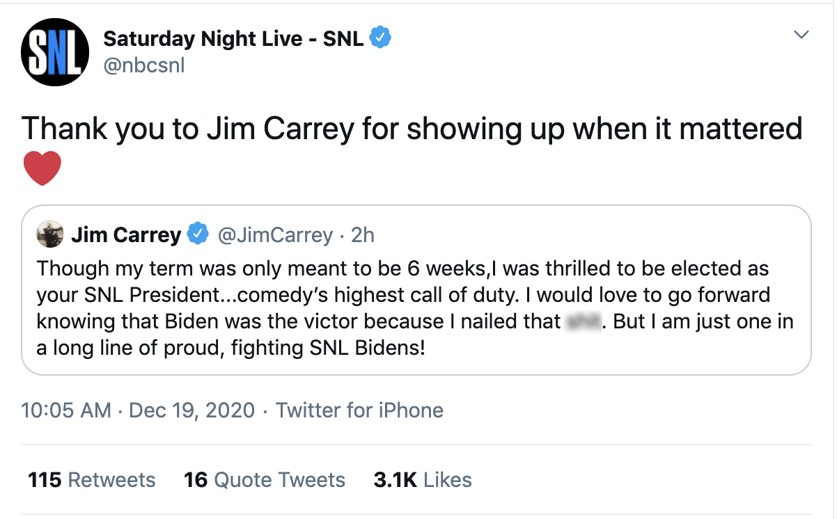 Jim Carrey is stepping down from his role as President-Elect Joe Biden on Saturday Night Live. (Screenshot: Twitter/Saturday Night Live-SNL)