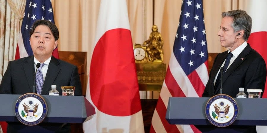 U.S. Secretary of State Anthony Blinken listens to a speech by Japanese Foreign Minister Yoshimasa Hayashi