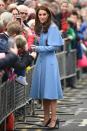 <p>Kate started the second day of her royal tour of Northern Ireland in a pale blue coatdress by Mulberry.</p>