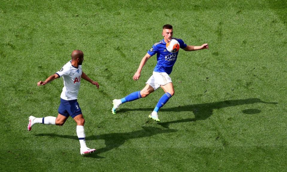 Lucas Moura of Tottenham battles for possession with Leicester’s Luke Thomas.