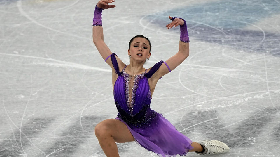Kamila Valieva, of the Russian Olympic Committee, competes in the women's short program team figure skating competition at the 2022 Winter Olympics, Sunday, Feb. 6, 2022, in Beijing. (AP Photo/David J. Phillip)