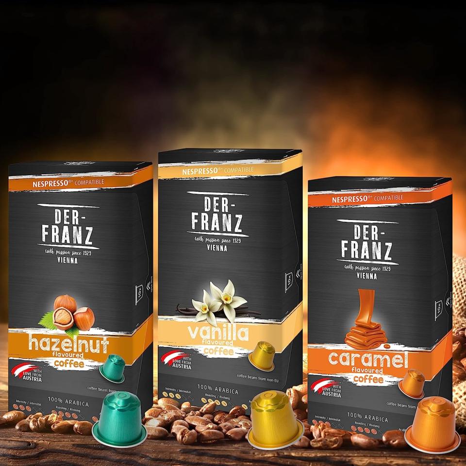 Der-Franz Nespresso kompatible Kaffee Kapseln, 12 x 10 Kapseln (40 x Haselnuss Aroma, 40 x Vanille Aroma, 40 x Karamell Aroma)