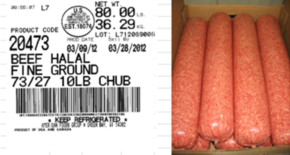 This example label can be used to help you find lot numbers impacted by the recall. Notice the Lot number in the upper right portion of the label. (USDA)