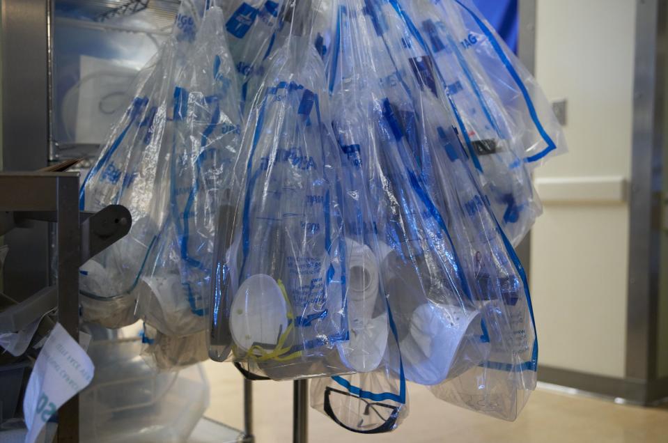 Bags of individual personal protective equipment (PPE) for nurses and doctors are seen at UMass Memorial Hospital in Worcester, Massachusetts, December 4, 2020. - UMass Memorial Hospital had to convert one of their cardiac step down units into a Covid-19 ICU due to the surge in patients. The United States recorded more than 210,000 Covid-19 cases in 24 hours on December 3, according to Johns Hopkins University, in an all-time high for the country since the start of the pandemic. (Photo by allison dinner and Allison Dinner / AFP) (Photo by ALLISON DINNER/AFP via Getty Images)