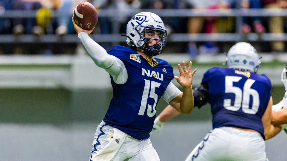 NAU sophomore quarterback RJ Martinez (15) throws a pass against Cal Poly on Saturday, Oct. 8, 2022.