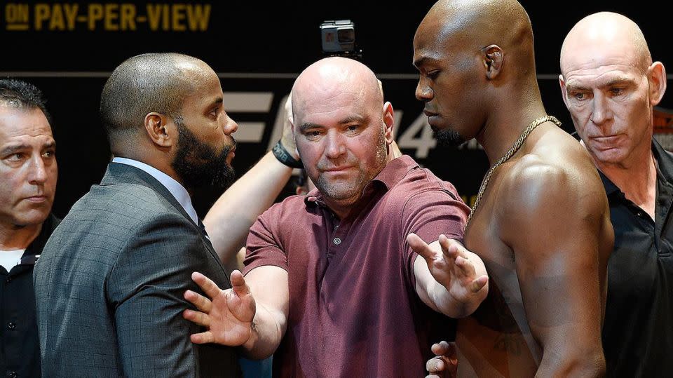 Jones and Cormier at the weigh-in ahead of UFC 214. Pic: Getty