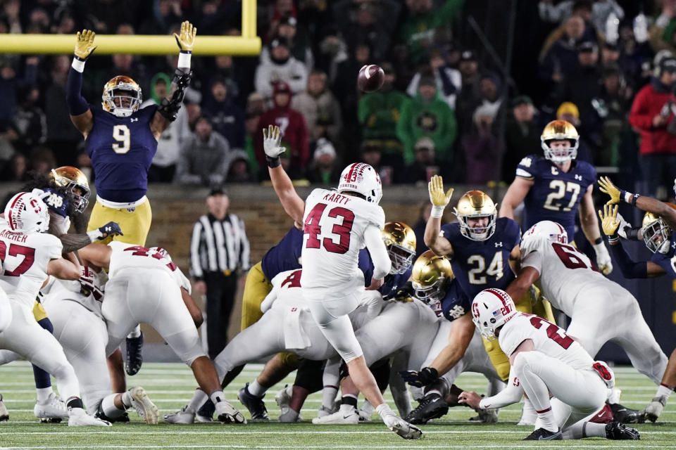 Stanford place-kicker Joshua Karty makes a field goal during the second half of the team's NCAA college football game against Notre Dame in South Bend, Ind., Saturday, Oct. 15, 2022. Stanford won 16-14. (AP Photo/Nam Y. Huh)