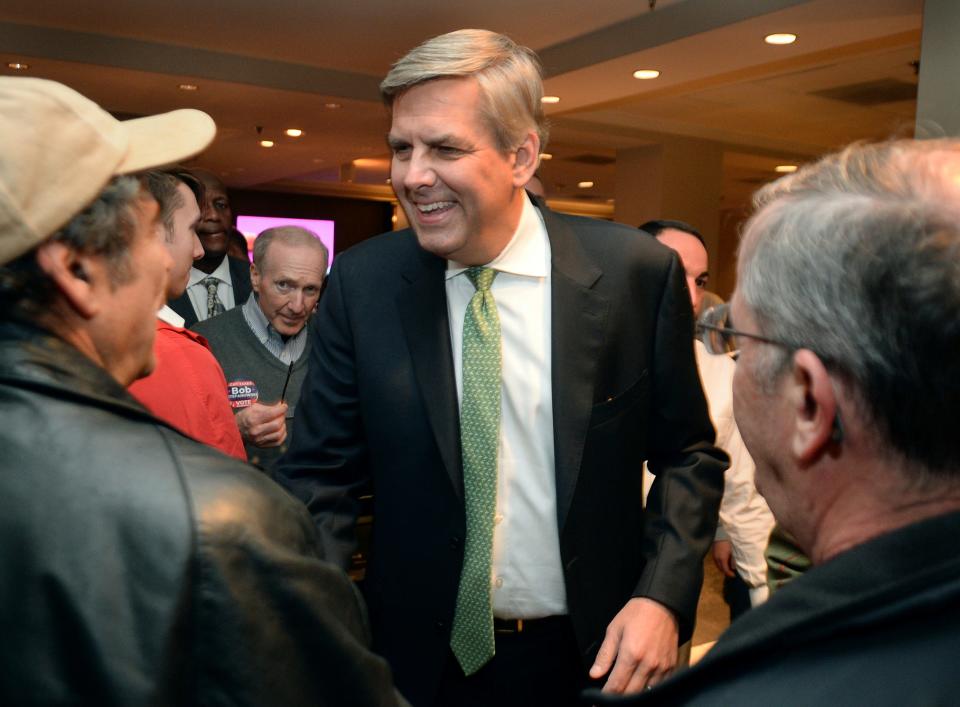 Republican gubernatorial candidate Bob Stefanowski greets supporters at an election night party, Tuesday, Nov. 6, 2018, in Rocky Hill, Conn.