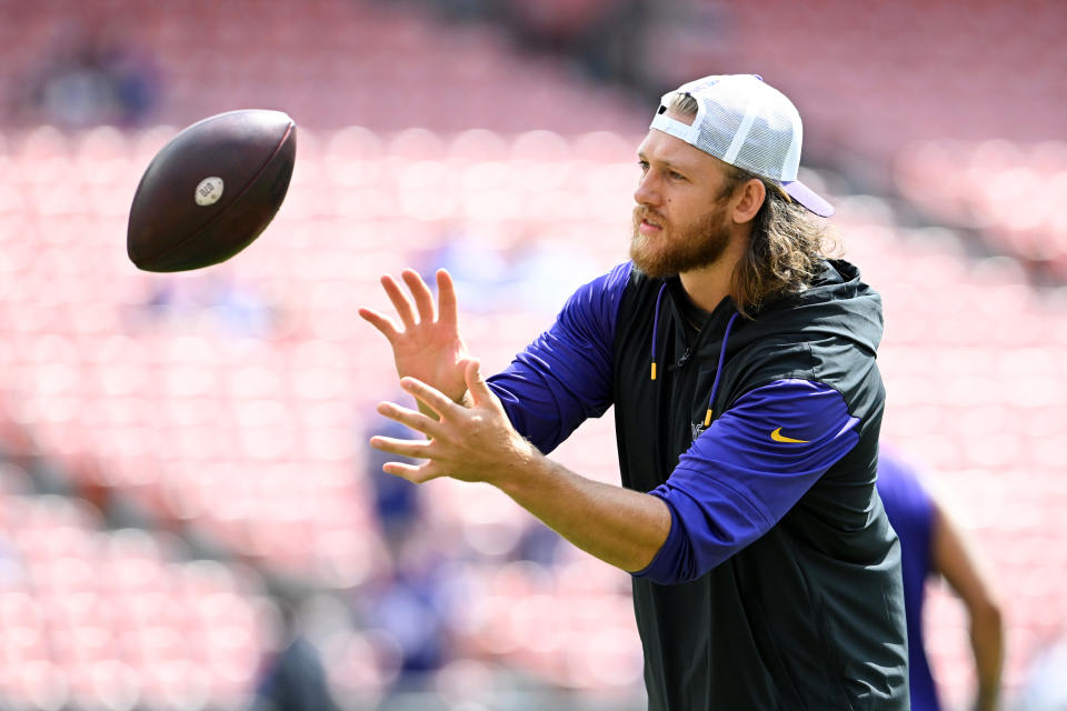 Vikings tight end T.J. Hockenson suffered a torn ACL late last season and is still recovering. (Photo by Nick Cammett/Getty Images)