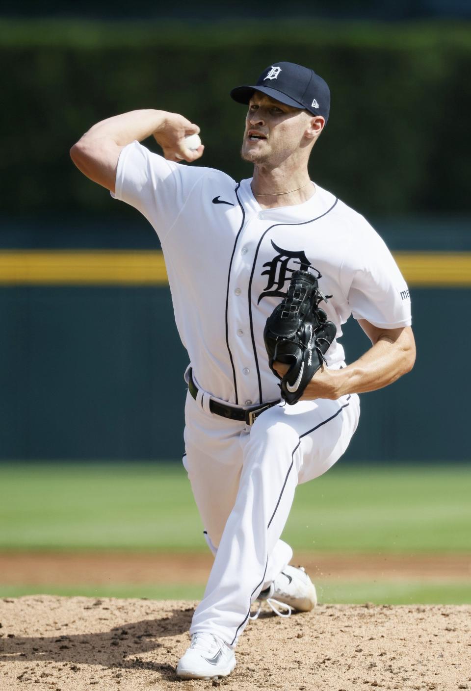 Matt Manning of the Detroit Tigers pitches against the Los Angeles Angels during the second inning of game two of a doubleheader at Comerica Park on July 27, 2023 in Detroit, Michigan.