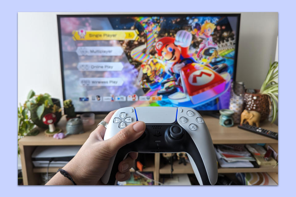 A series of images showing how to connect a PS5 DualSense controller to the Nintendo Swich using the 8BitDo Wireless USB adapter.