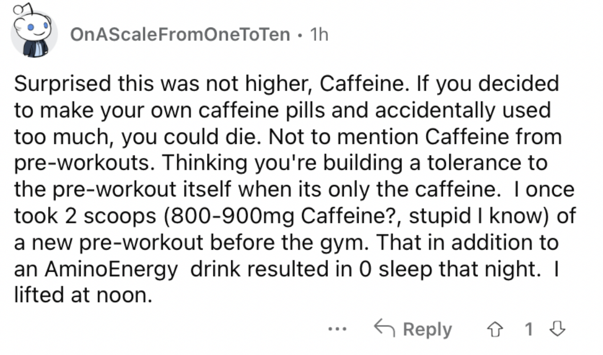 Reddit screenshot about how you shouldn't over-consume caffeine.