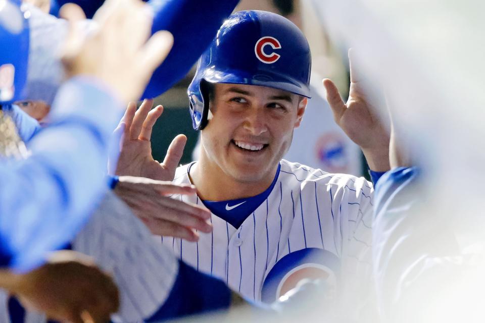 Anthony Rizzo enjoyed an original song from a young Cubs fan. (Photo by Jon Durr/Getty Images)