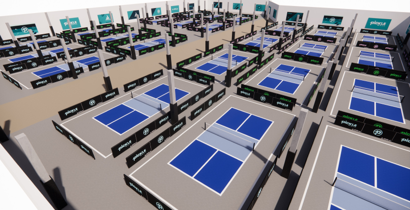 Picklemall affirme que son concept intérieur pour les terrains de pickleball présente plusieurs avantages intégrés, notamment un climat contrôlé.