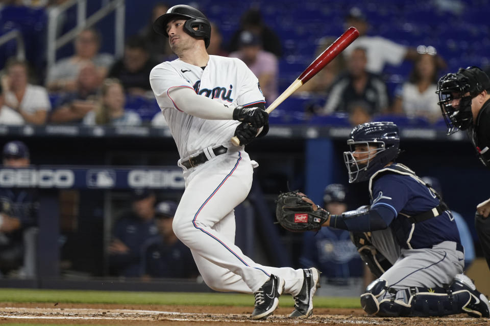 Miami Marlins' Nick Fortes hits to the infield during the second inning of a baseball game against the Tampa Bay Rays, Tuesday, Aug. 30, 2022, in Miami. (AP Photo/Marta Lavandier)