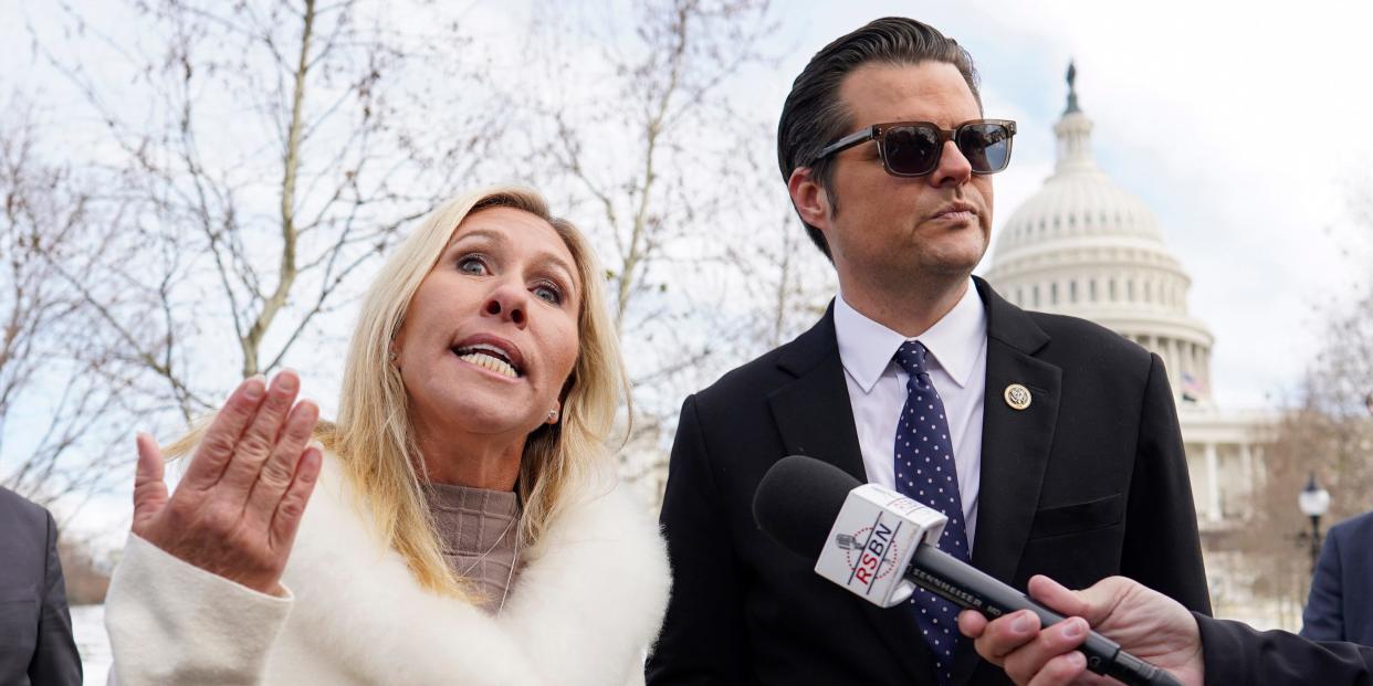 Reps. Matt Gaetz and Marjorie Taylor Greene speak outside the US Capitol on January 6, 2022.