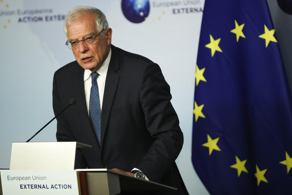 European Union foreign policy chief Josep Borrell answers a question during a news conference in Brussels, Tuesday, Jan. 7, 2020. Borrell met Tuesday with the Foreign Affairs Minister's of Britain, Italy, Germany and France where they were expected to hold talks about the current situation in Libya and Iran. (AP Photo/Francisco Seco)