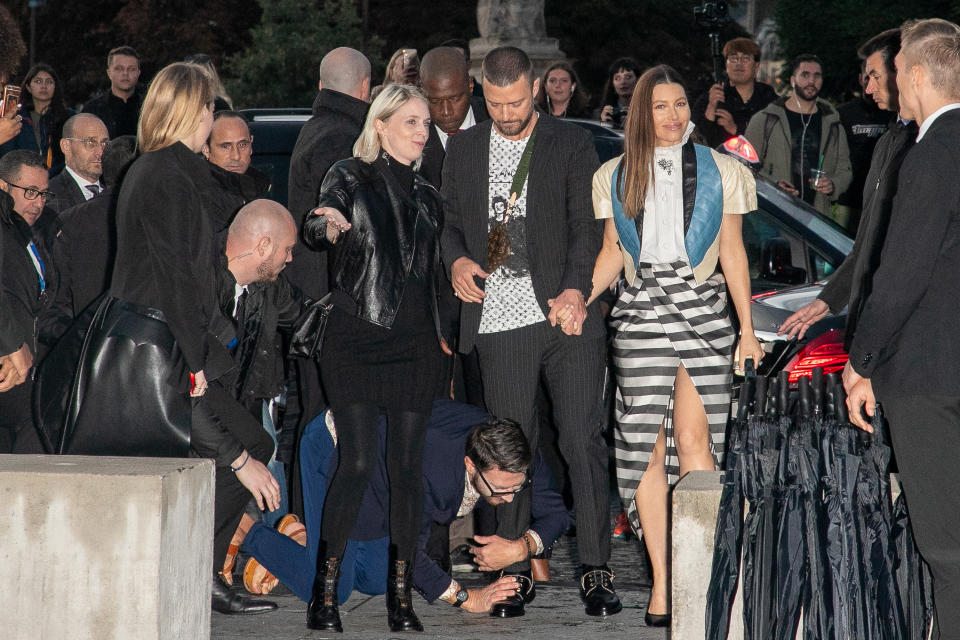 Vitalii Sediuk jumps on singer Justin Timberlake as he arrives to attend the Louis Vuitton Womenswear Spring/Summer 2020 show as part of Paris Fashion Week on October 01, 2019 in Paris, France with Jessica Biel