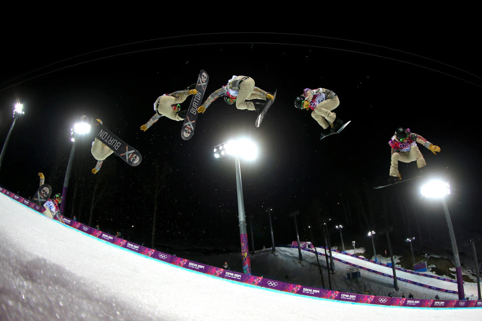 Shaun White of the United States practices before the Snowboard Men's Halfpipe Finals on during the Sochi 2014 Winter Olympics at Rosa Khutor Extreme Park on February 11, 2014 in Sochi, Russia.