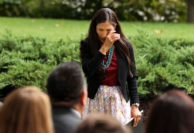 Secretary of the Interior Deb Haaland becomes emotional as Biden announces the monument restorations at the White House on Friday. (Photo: Chip Somodevilla via Getty Images)
