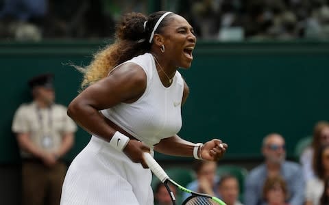 Serena Williams celebrates after winning a point against United States' Alison Riske during a women's quarterfinal match on day eight of the Wimbledon Tennis Championships in London, Tuesday, July 9, 2019 - Credit: AP