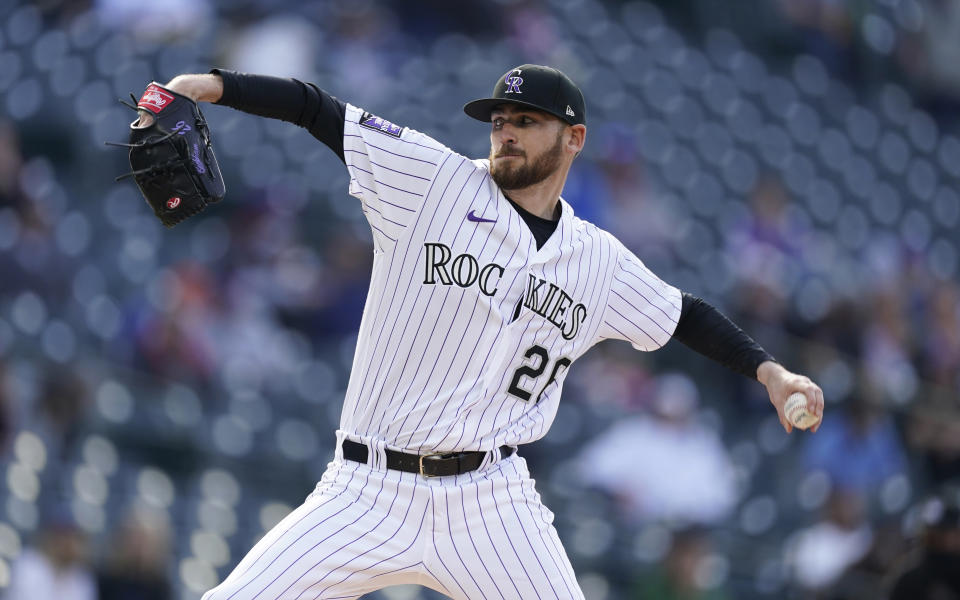 Colorado Rockies starting pitcher Austin Gomber works against the San Diego Padres in the first inning of the second gamep of a baseball doubleheader Wednesday, May 12, 2021, in Denver. (AP Photo/David Zalubowski)