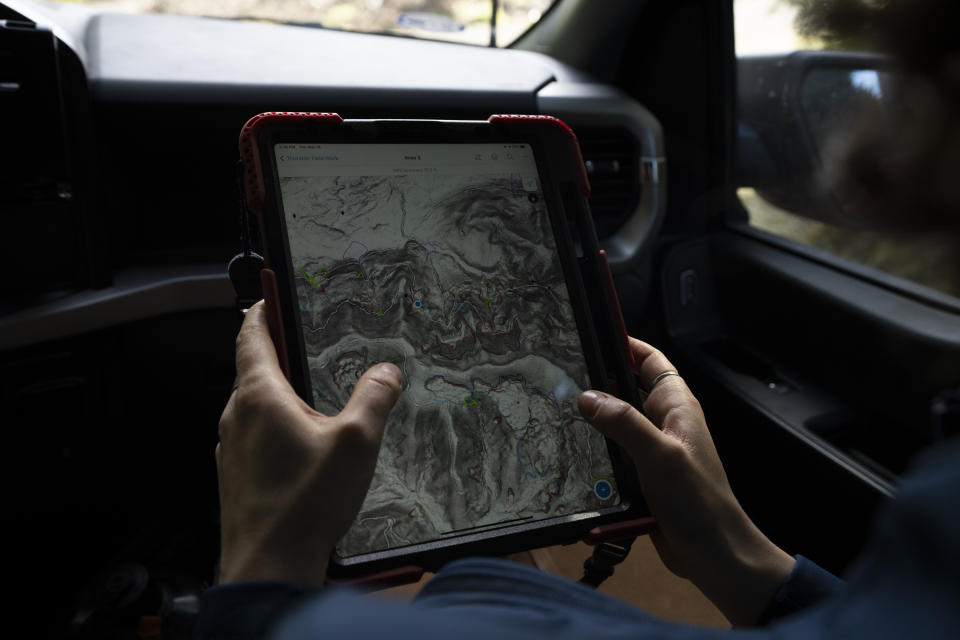 Washington State Department of Natural Resources geologist Emilie Richard looks at landslide mapping as she heads to examine the site of a potential landslide in the Capitol Forest, Thursday, March 14, 2024, in Olympia, Wash. (AP Photo/Jenny Kane)