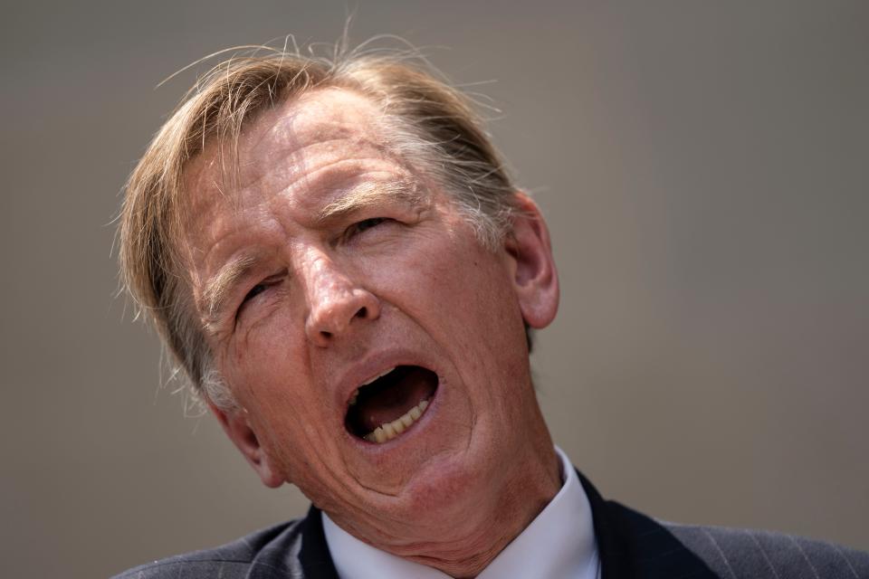 File: Paul Gosar speaks during a news conference outside the US Department of Justice on 27 July 2021 in Washington DC (Getty Images)