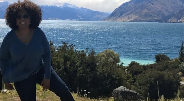 Oprah in front of Lake Hawea. Photo: Oprah/Instagram