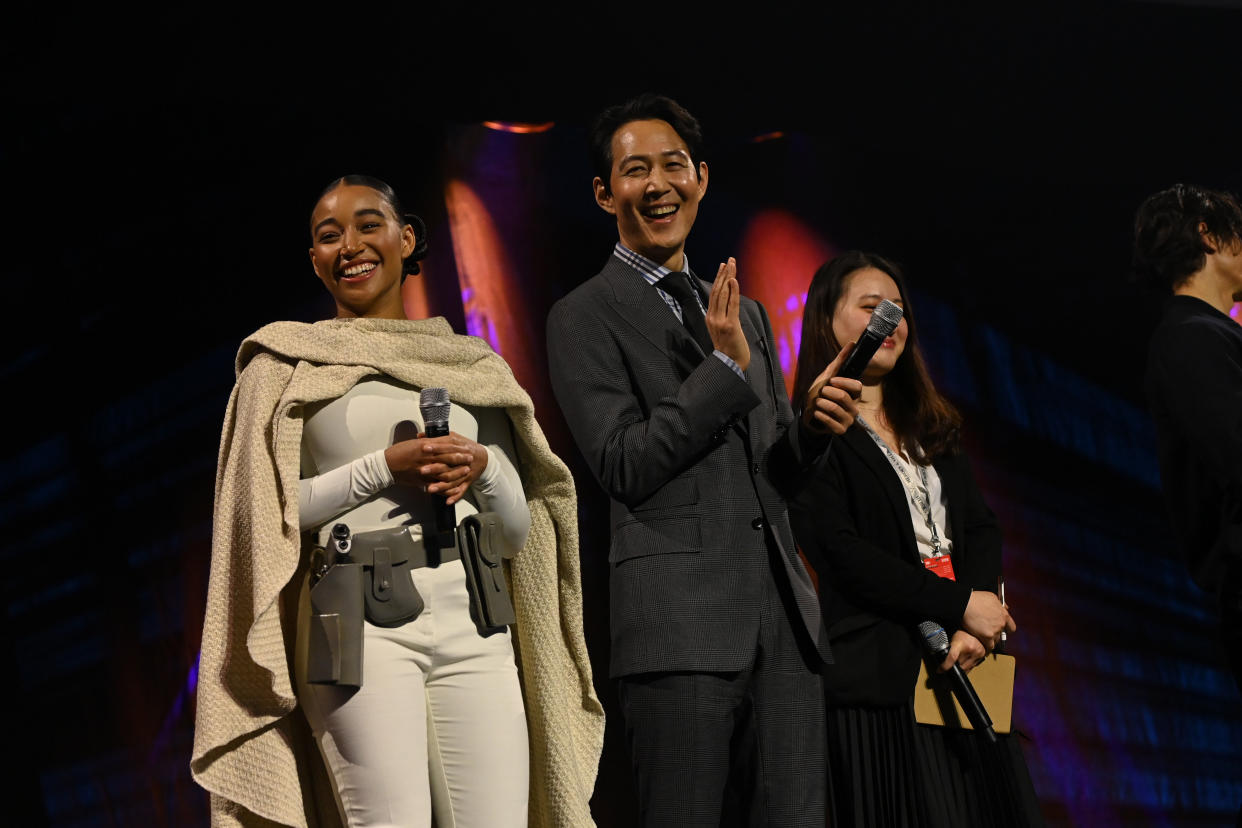 LONDON, ENGLAND - APRIL 07: Amandla Stenberg and Lee Jung-jae onstage during the studio panel at the Star Wars Celebration 2023 in London at ExCel on April 07, 2023 in London, England. (Photo by Kate Green/Getty Images for Disney)