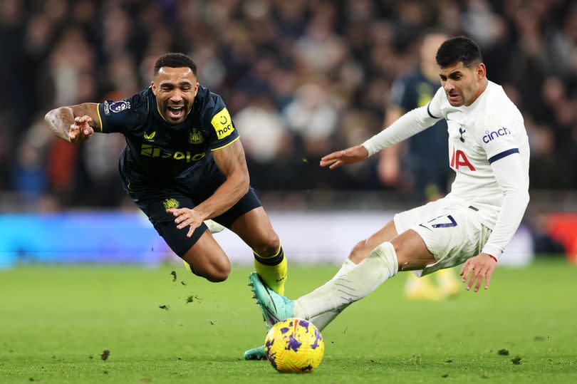 Callum Wilson cries out in pain following Cristian Romero's rash challenge in Tottenham Hotspur's 4-1 win