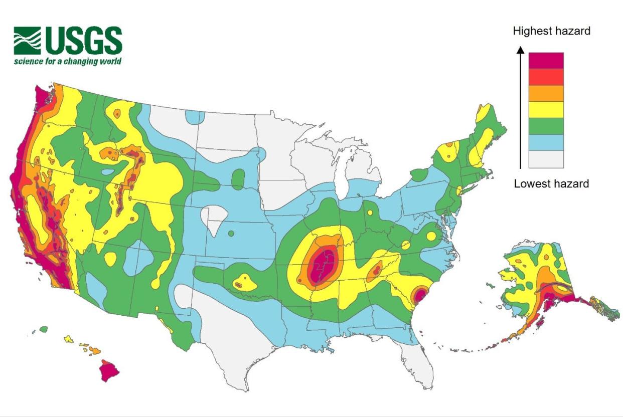 This map shows the risk of earthquakes across the U.S., and it is updated as scientists receive new information.