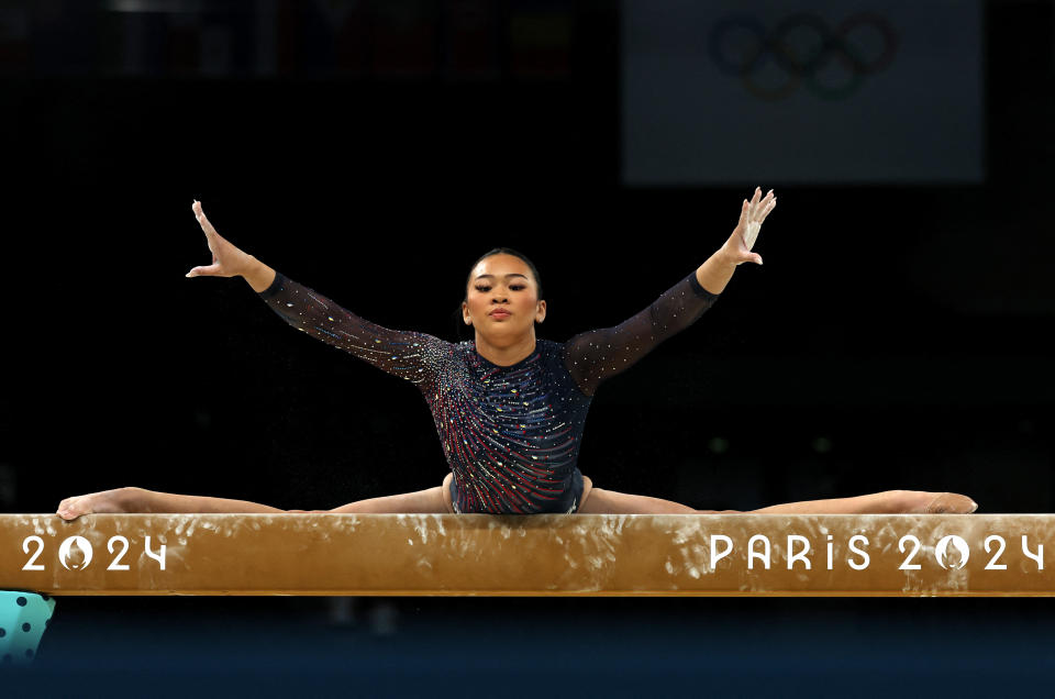 Paris 2024 Olympics - Artistic Gymnastics - Women's Podium Training - Bercy Arena, Paris, France - July 25, 2024. Sunisa Lee of United States on the beam during training. REUTERS/Amanda Perobelli