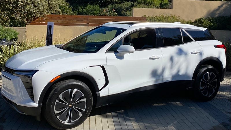 A Blazer EV LT in white showing off its very normal door handles