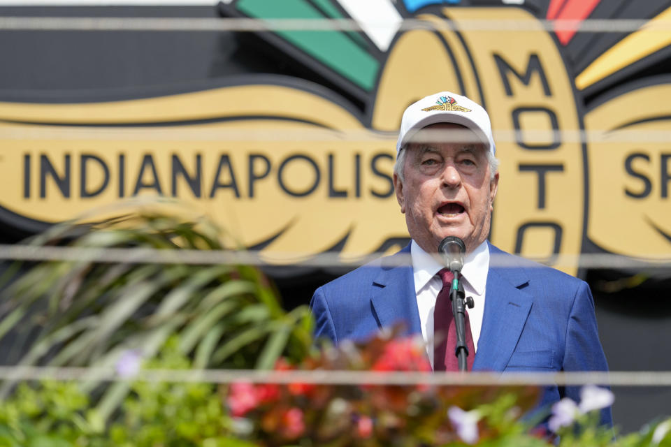 Indianapolis Motor Speedway owner Roger Penske delivers the command before the Indianapolis 500 auto race at Indianapolis Motor Speedway in Indianapolis, Sunday, May 26, 2024. (AP Photo/AJ Mast)