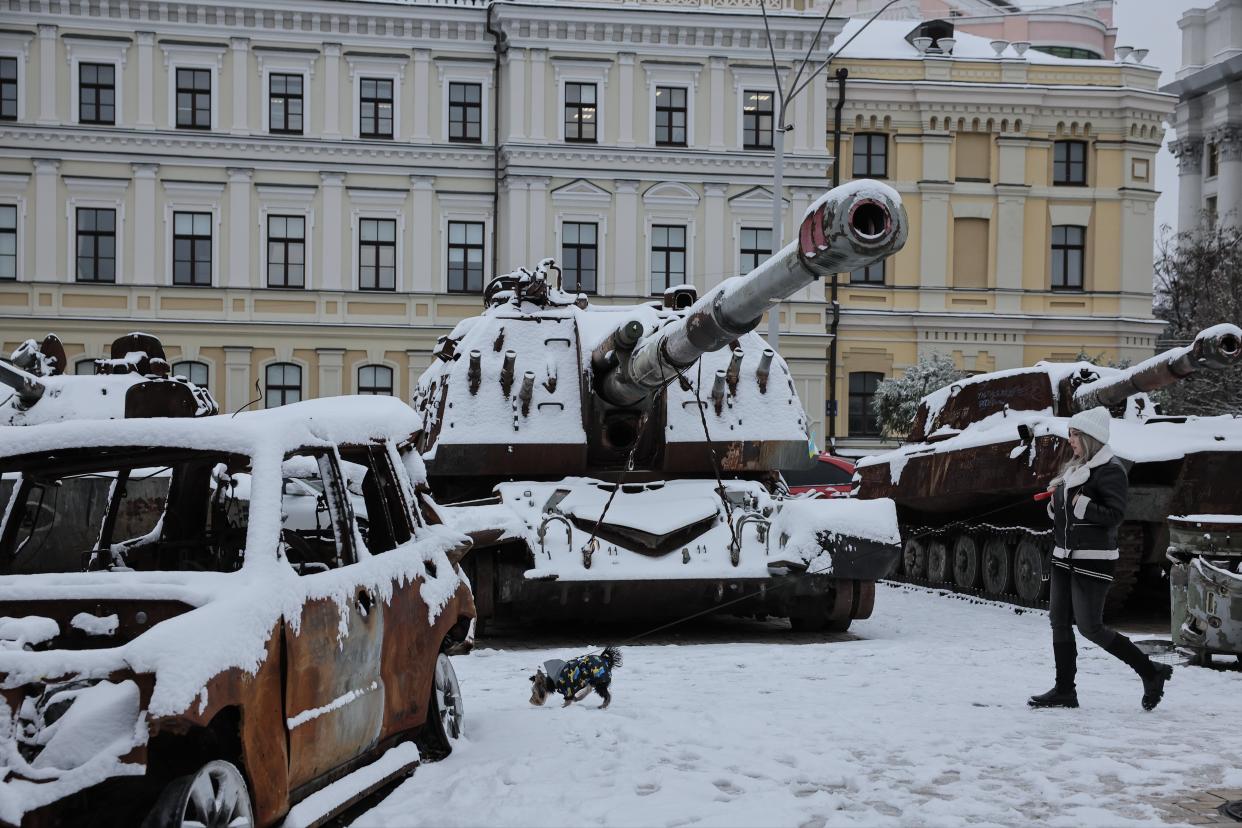 A woman walks her dog beside destroyed Russian armoured vehicles during the first snowfall of winter in Kyiv (EPA)