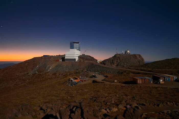 Vera C. Rubin Observatory as seen at dawn on the summit of El Peñón de Cerro Pachón in Chile.