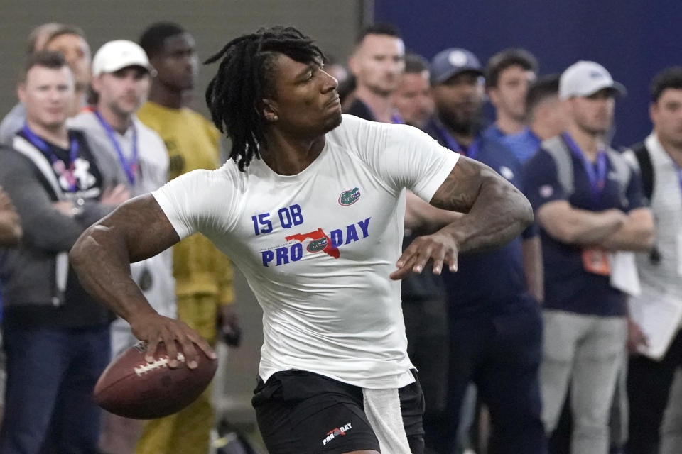 FILE - Florida quarterback Anthony Richardson throws a pass during an NFL football Pro Day, Thursday, March 30, 2023, in Gainesville, Fla. Bryce Young, C.J. Stroud, Anthony Richardson and Will Levis are projected to go anywhere from the top 5 to top 15 picks in this draft.(AP Photo/John Raoux)