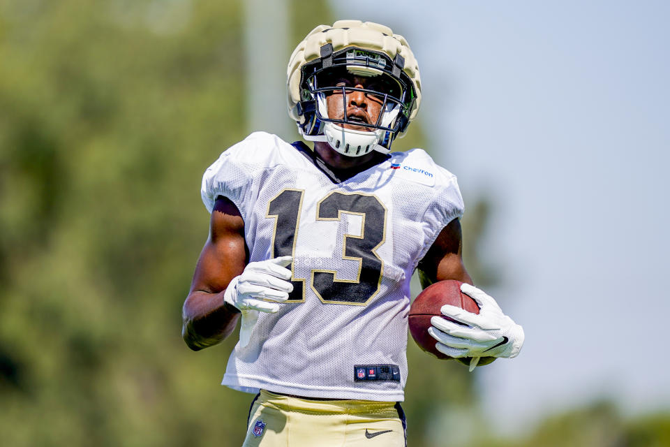 New Orleans Saints wide receiver Michael Thomas participates in a drill during a joint NFL football practice with the Los Angeles Chargers, Thursday, Aug. 17, 2023, in Costa Mesa, Calif. (AP Photo/Ryan Sun)